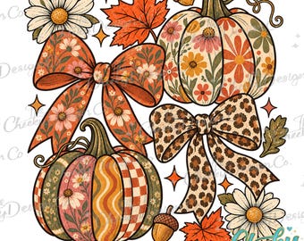 Fall Bow PNG, Retro Pumpkin Design, Coquette Autumn Graphic, Floral Leopard Digital Download