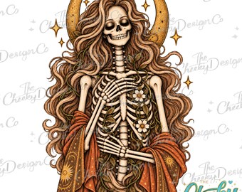 Celestial Skeleton Woman PNG, Crescent Moon Gothic Floral Art, Boho Witchy Sublimation Design