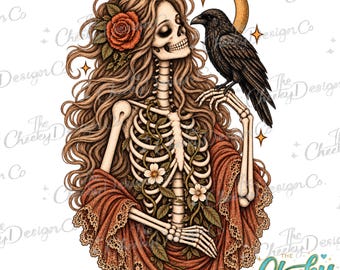 Raven Skeleton Woman PNG, Gothic Moon Floral Art, Witchy Halloween Sublimation, Dark Boho Clipart