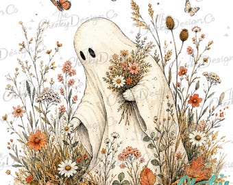 Ghost Picking Flowers PNG Wildflower Halloween Autumn Cottagecore Floral Spooky Season Digital Download