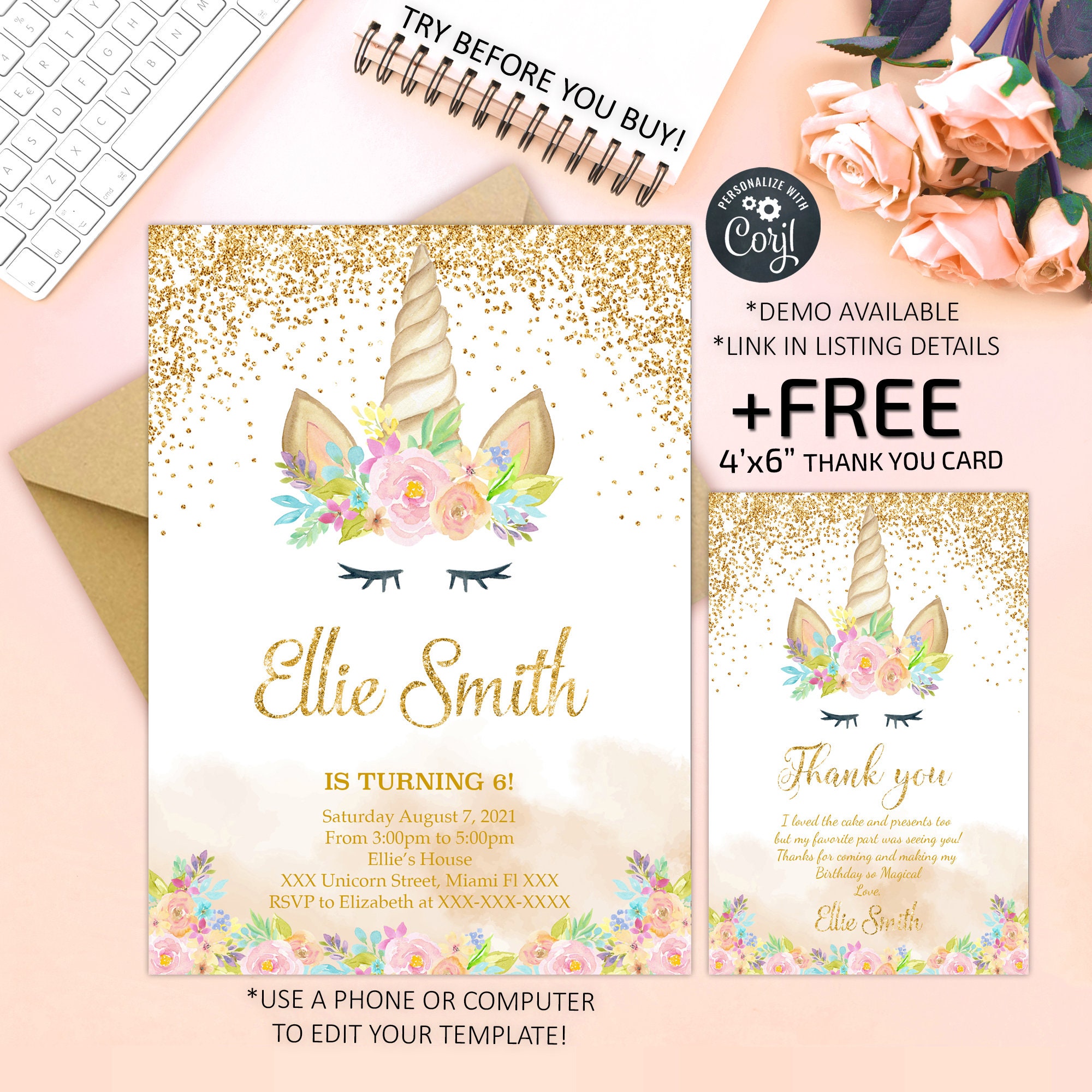 Unicorn Invitation, Unicorn Birthday Invitation, Glitter Unicorn Invi…