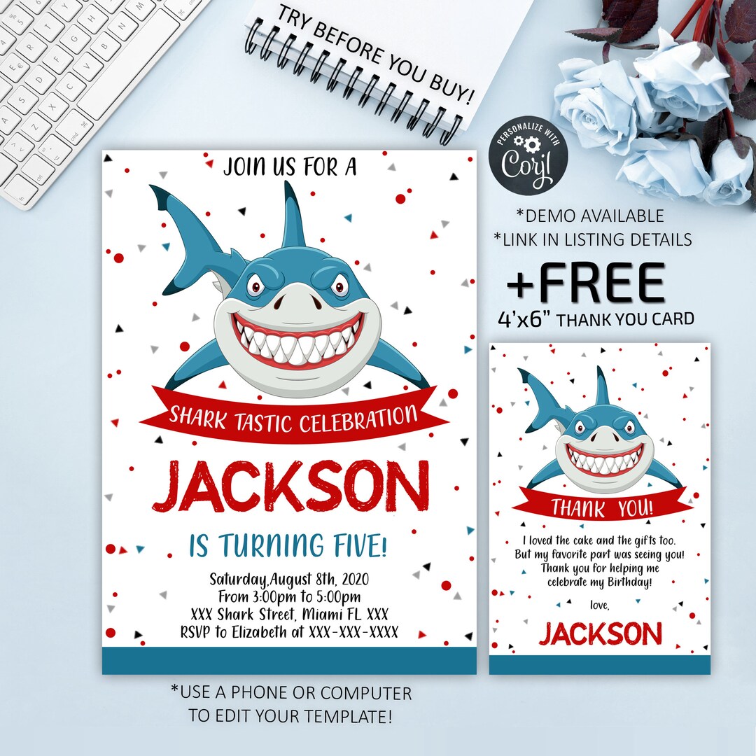 Shark Invitation, Shark Birthday Invitation, Shark Template Download ...