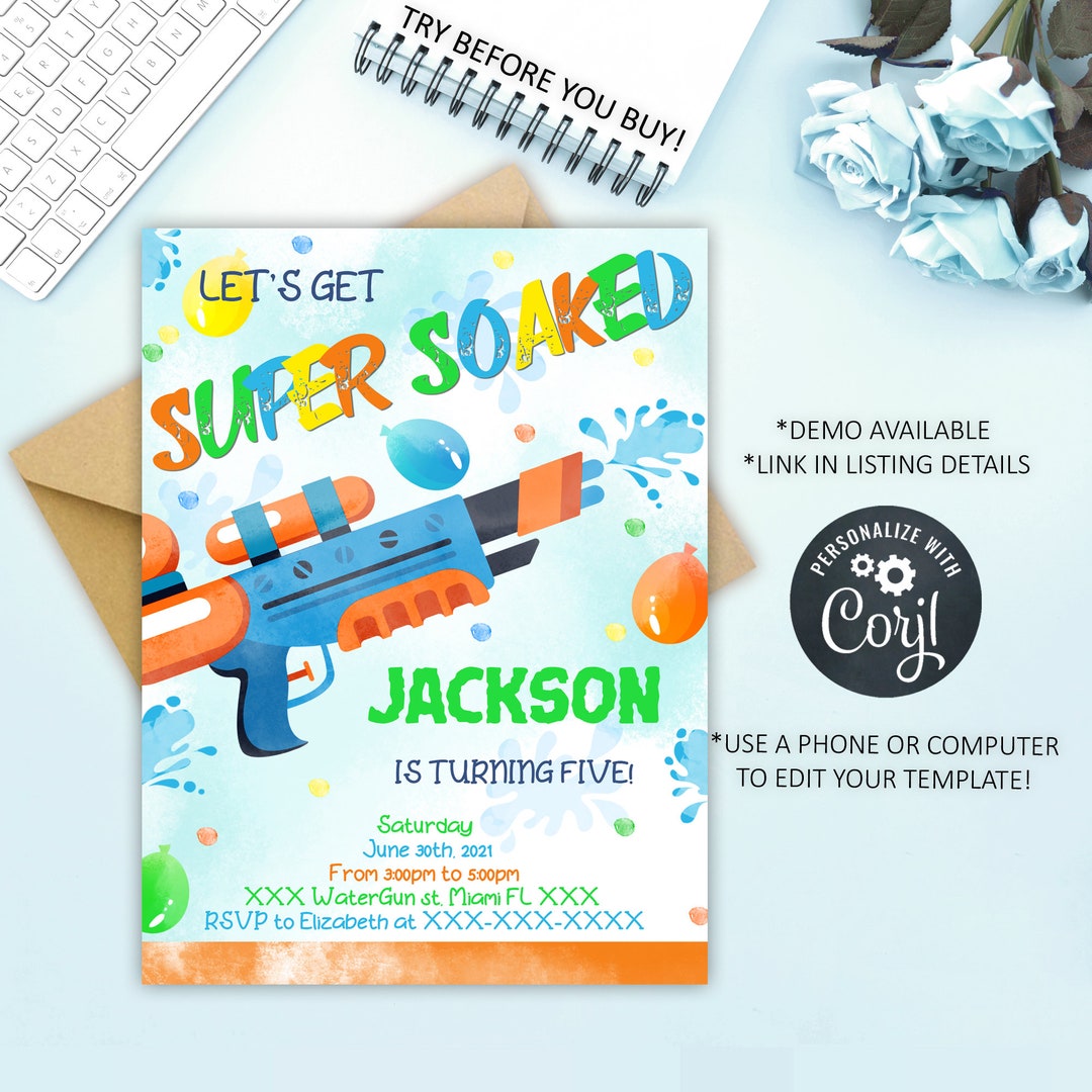 Editable Water Gun Birthday Invitation Water Gun Invitation Etsy