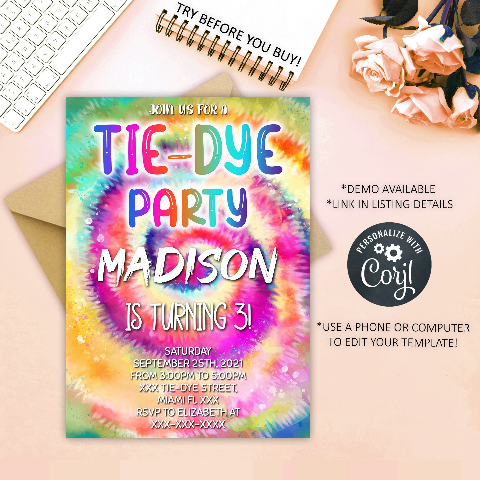 Editable Tie Dye Invitation Tie Dye Birthday Invitation Tie Etsy