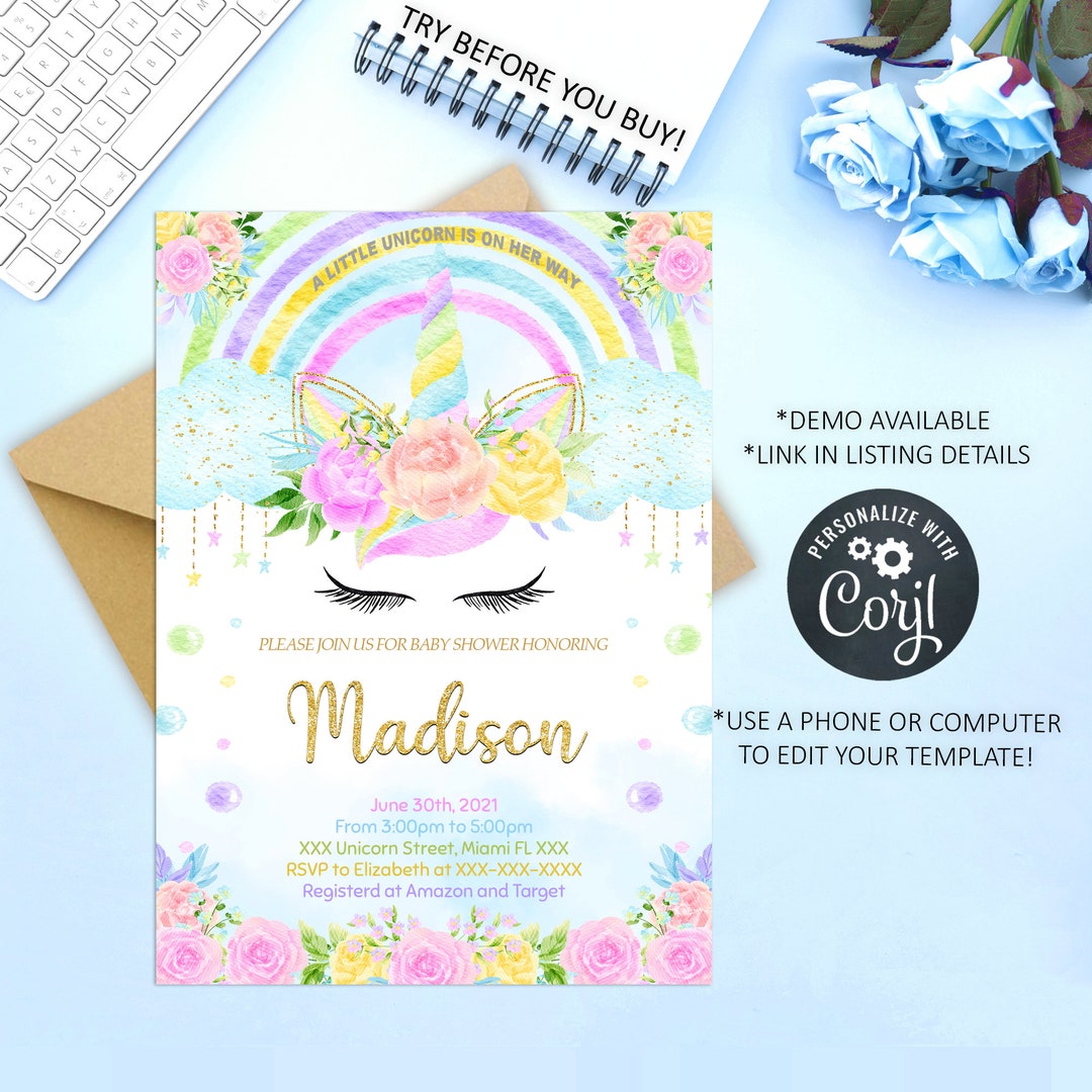 Editable Unicorn Baby Shower Invitation Girl Editable Etsy