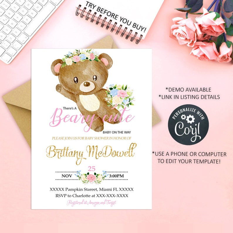 Editable Teddy Bear Baby Shower Invitation Bear Themed Baby Etsy
