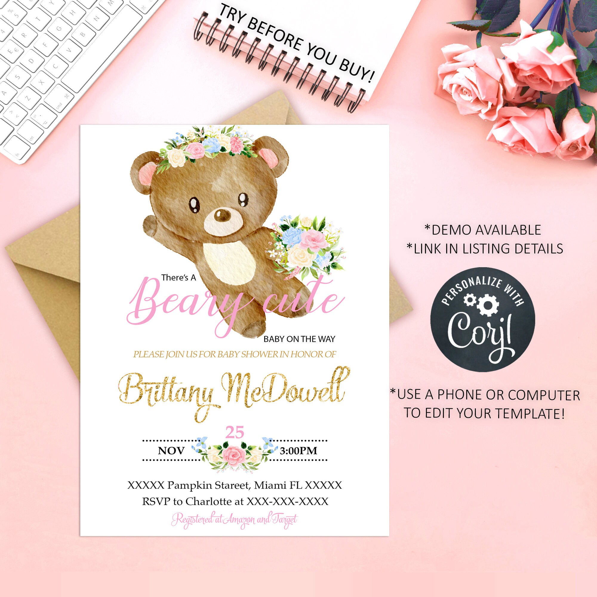 INSTANT DOWNLOAD Bear Themed Baby Boy Shower Invite Printable