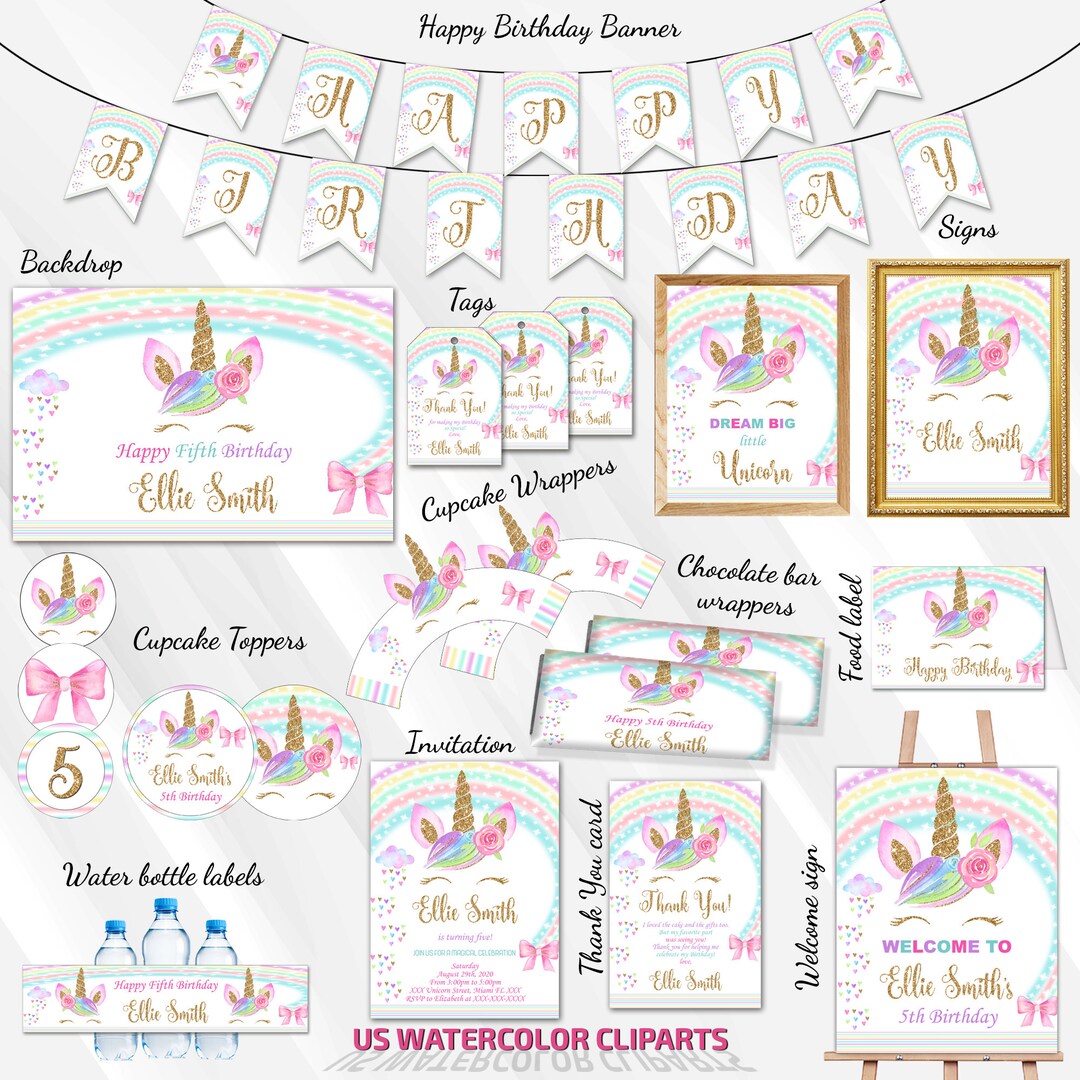 Unicorn Party Package, Unicorn Birthday Set, Invitation, Backdrop