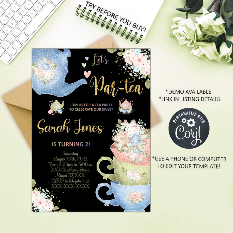 Editable Tea Party Birthday Invitation Tea Party Invitation Etsy
