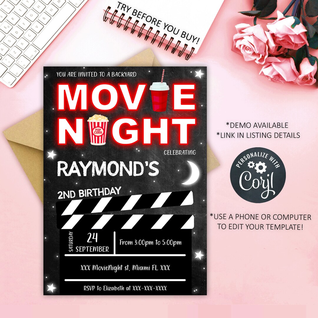 Editable Movie Night Invitation, Outdoor Movie Birthday Party, Movie