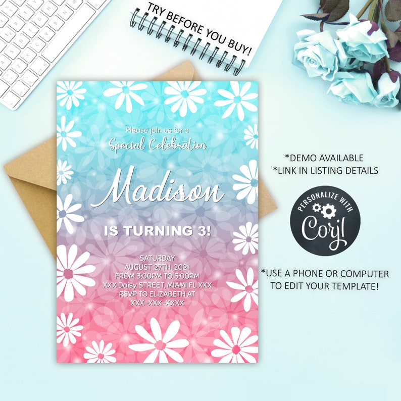 Editable Daisy Invitation Daisy Birthday Invitation Daisy Etsy