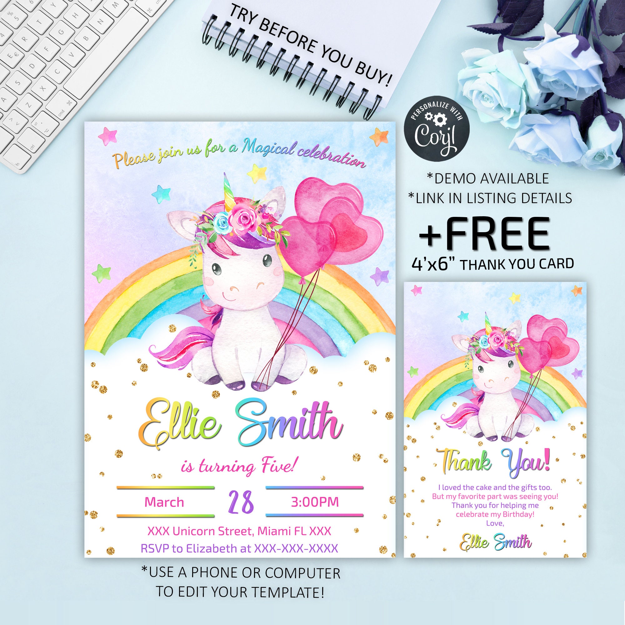 Unicorn  Invitation, Unicorn Birthday Invitation, Party Invitation, M…