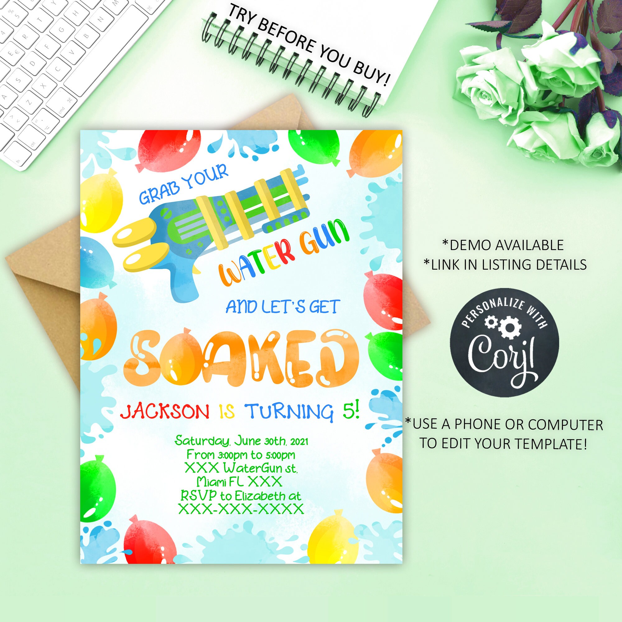 EDITABLE Water Gun Birthday Invitation Water Gun Invitation Etsy