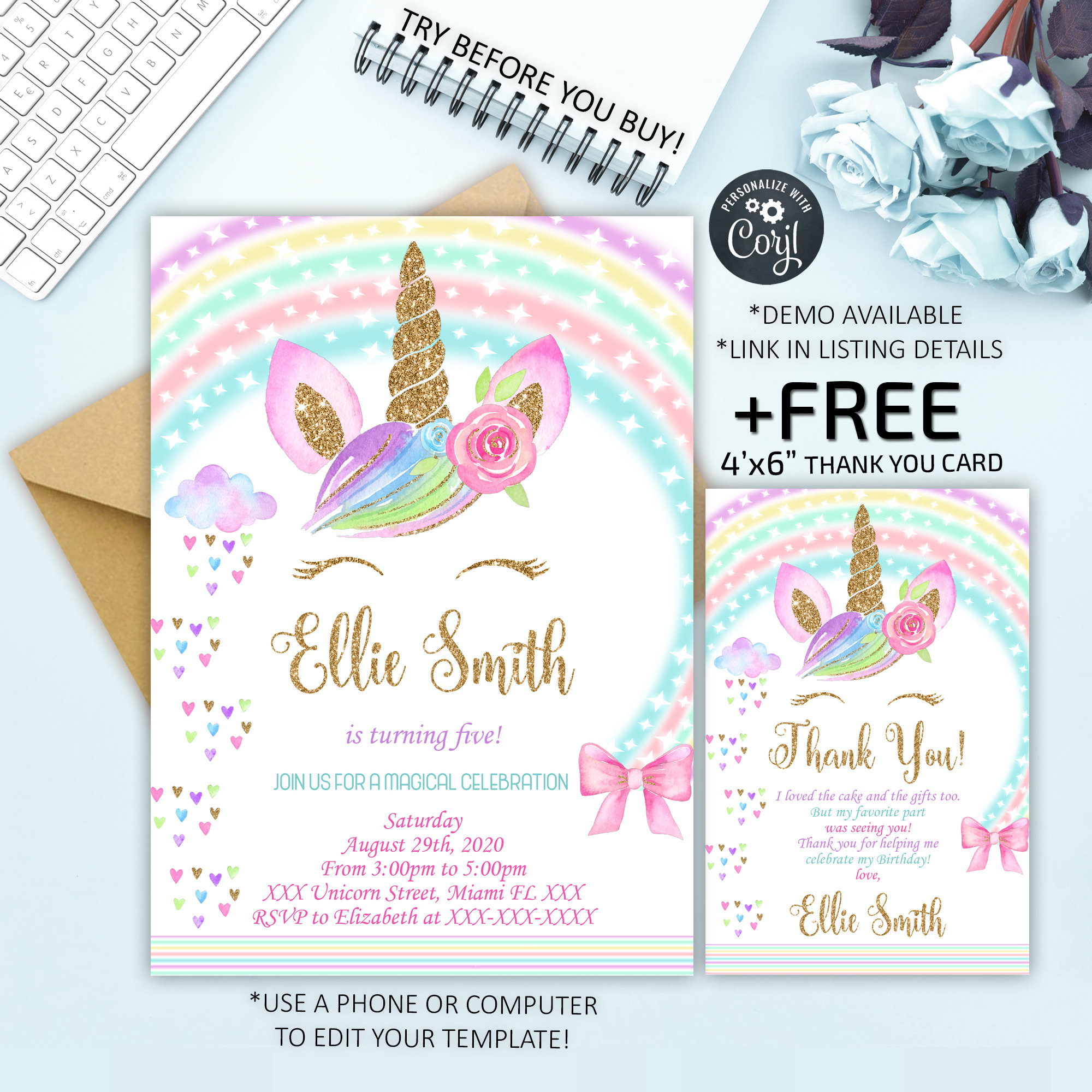 Editable Unicorn Invitation Unicorn Party Unicorn Birthday Etsy