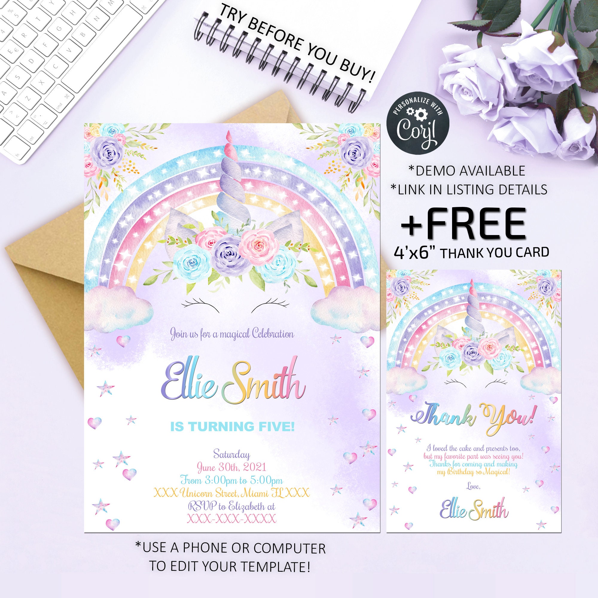 Unicorn Birthday Invitation, Unicorn Invitation, Party Invitation, Ma…