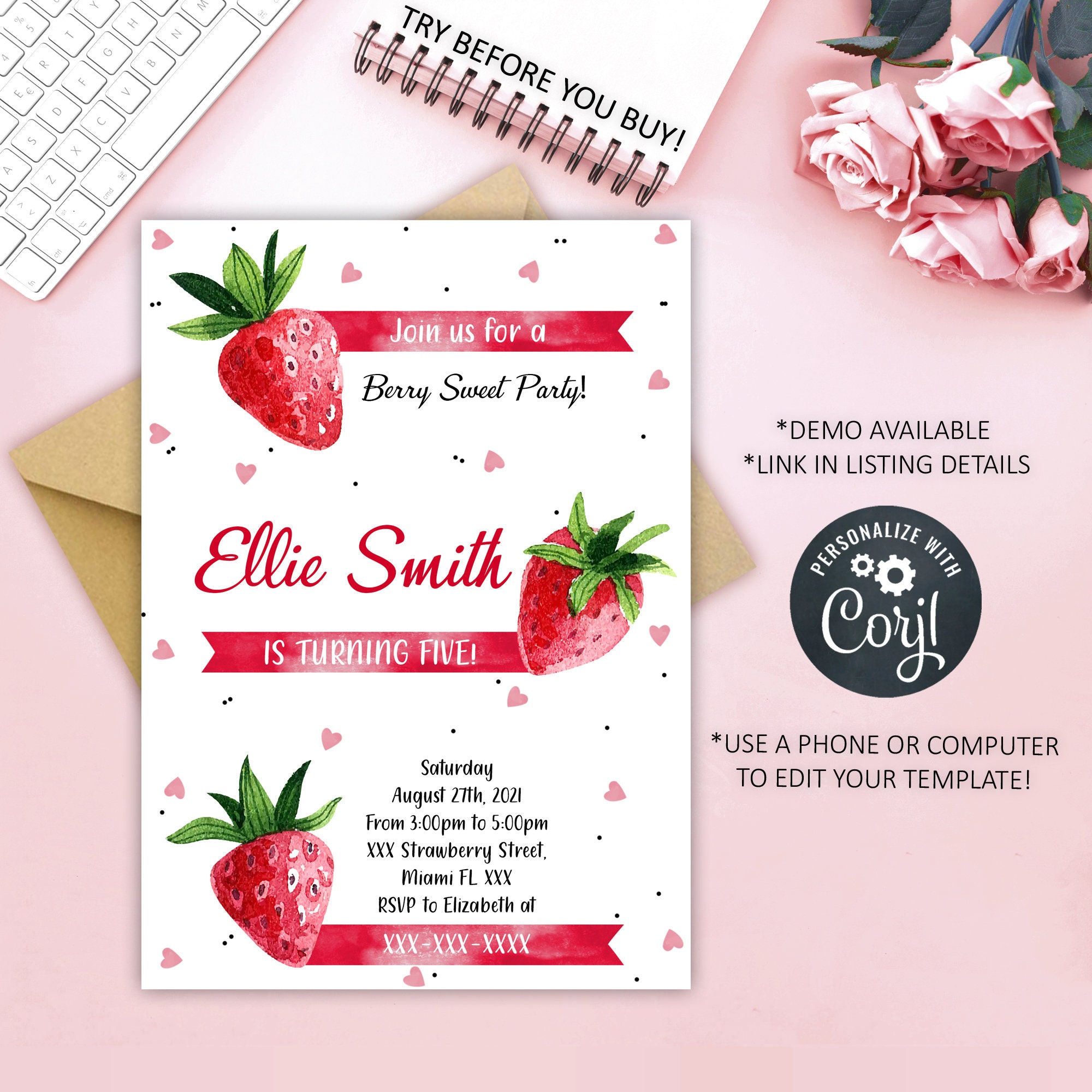 Strawberry Birthday Party Kit  Invitations, Cupcake Toppers, Thank You  Tags, Welcome Sign - Madi Loves Kiwi Digital Downloads