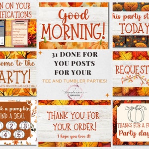 May include: A set of nine digital printable signs with a fall theme. The signs feature a variety of autumn colors and designs, including pumpkins, leaves, and wood grain. The text on the signs includes phrases like "Welcome to the Party!" and "Thank You for Your Order!"