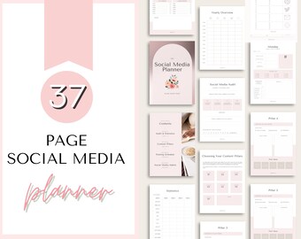 Op de afbeelding: Een 37-pagina's tellende social media planner met een roze en witte kleurstelling. De planner bevat secties voor de contentkalender, social media audit, het kiezen van content pillars, het postschema en social media statistieken.