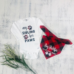 BABY and DOG MATCHING Outfit | Baby Announcement Set | Matching Dog and Baby Set | Baby Shower Gift | Buffalo Plaid Bandana | Baby Gift |