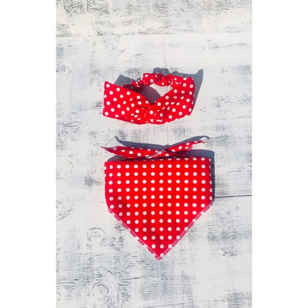 MATCHING DOG BANDANA | Dog Bandana and Matching Headband | Red Polka Dot | Dog Bandana | Matching Headband | Dog Accessories