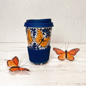 Talavera tumbler, Coffee Mug, Coffee Tumbler , Ceramic tumbler, TERMO blue, hand-painted mexican TALAVERA coffee mug, Mexican Ceramic Cup