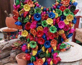 Mexican palm necklace, mexican traditional necklace, handmade jewelry, palm necklace, flower necklace, colorful necklace, ethnic necklace