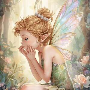 Puede incluir: Ilustración digital de un hada en un entorno forestal. El hada tiene cabello rubio, orejas puntiagudas y alas iridiscentes. Viste un vestido verde y está rodeada de flores y árboles.