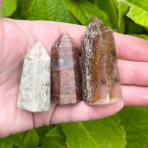 May include: Three crystal points, one is a clear quartz with brown inclusions, one is a brown and white banded crystal, and one is a white and gray crystal.