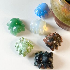 May include: Six small, carved spider figurines made of different types of stone. The spiders are in various colors, including green, blue, white, black, and brown.