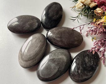 Silver Sheen Obsidian Palm Stone, Worry Stone, Meditation Crystal (6cm)