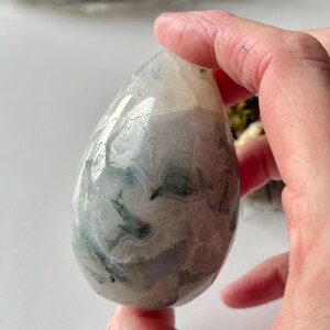 May include: A polished, egg-shaped moss agate stone featuring translucent white and grey areas with intricate, dark green dendritic inclusions that resemble fern-like patterns throughout the smooth, rounded surface of the mineral specimen.