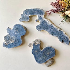 May include: Four irregularly shaped, blue and white decorative pieces. The pieces have a porous texture and a blue hue, with white and beige accents. The shapes vary, with some resembling organic forms. Dried flowers are visible in the background.