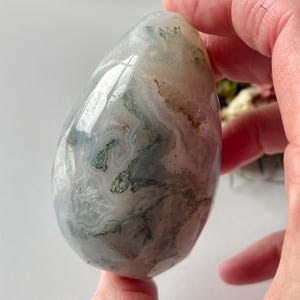 May include: A polished, egg-shaped moss agate stone featuring translucent white and gray areas with intricate, dark green dendritic inclusions that resemble branching plant-like patterns throughout the smooth, rounded surface.
