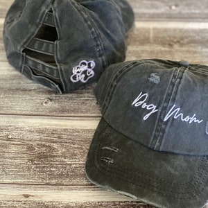 Distressed Ladder Back Ball Cap - &quot;Dog Mom&quot; or &quot;Mom Life&quot; Hat - Black/Maroon - High Ponytail Cap - Messy Bun Cap