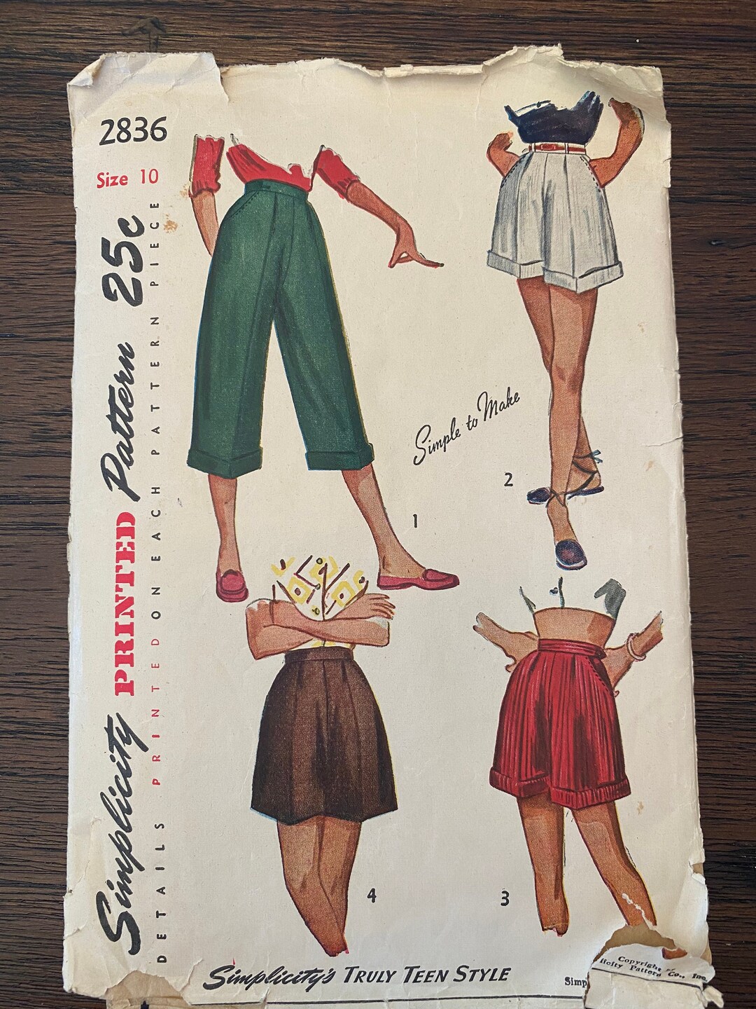 Simplicity 2836 Teens Shorts or Clam Diggers/Pedal Pushers Etsy.de