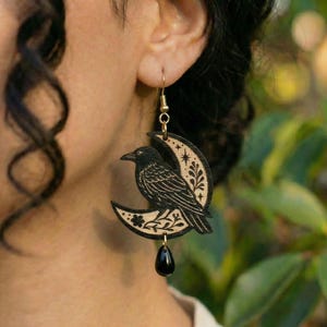 Raven Moon Earrings – Wooden Crescent Moon, 14K Gold Plated, Boho Gothic Statement Jewelry