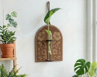 Estación de Propagación de Madera de Arce Natural: Maceta de Pared con un Solo Frasco, Jarrón de Vidrio, Decoración Botánica Hecha a Mano