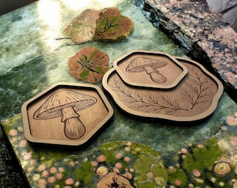 Mushroom Trinket Tray Set: Laser Engraved Wood Catchall Dish - Boho Decor