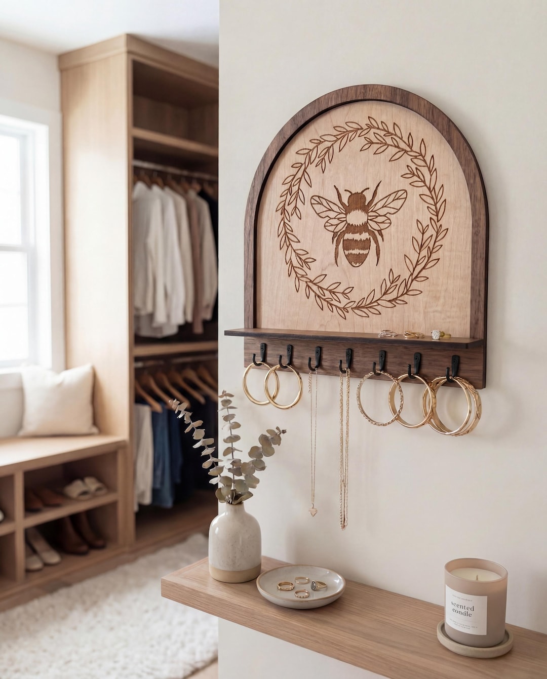 Bee Wall Organizer, Maple Key Holder, Jewelry Hooks, Honeybee Decor ...