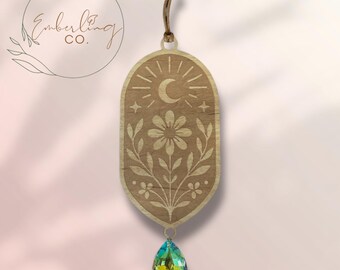 Celestial Bloom Suncatcher: Laser Cut Wood Moon & Crystal Prism