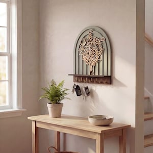 Boho Key Holder with Shelf – Laser Cut Floral Wall Decor