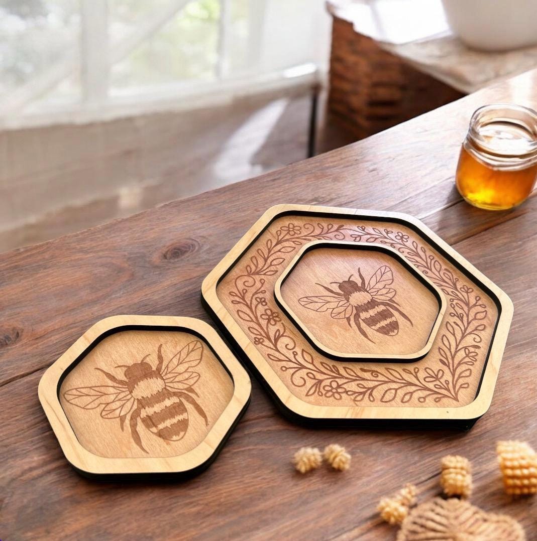 Laser Engraved Bee Catchall Tray Set: Nested Wooden Trinket Dishes