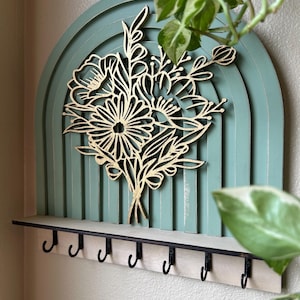 Key Holder Wall Hook Shelf – Boho Wall Decor with Laser Cut Floral Design | Wooden Organizer for Keys & Jewelry