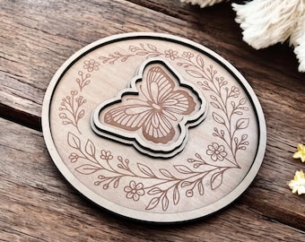 Layered Wood Butterfly Trinket Tray: Boho Floral Catchall Dish