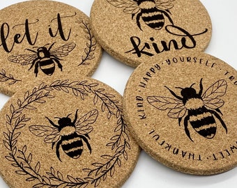 Bee Cork Coasters – Set of 4 Round Drink Coasters | Handmade Natural Home Decor | Be Kind Gift Set