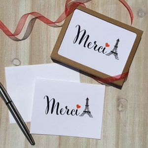 Merci (Merci) Cartes, Tour Eiffel, Français, Cartes de notes pliées, Blank Inside, Merci avec coeur, Ensemble de 10