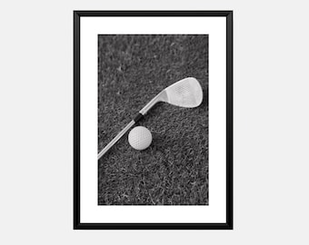 Printable golf club wall art print Golf ball sports poster Golf photograph in black & white as a digital download for boys room decor