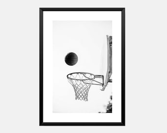 Photographie de panier de basket-ball en noir et blanc pour chambre d'ado ou dortoir art mural minimaliste affiche impression téléchargement numérique