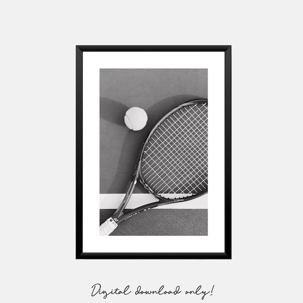 Tennis racket + ball photograph wall art print Sports printable poster in black & white Digital download for teen boys dorm room decor