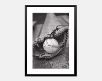 Baseball glove + baseball wall art print Sports printable poster in black and white Digital download for boys room decor